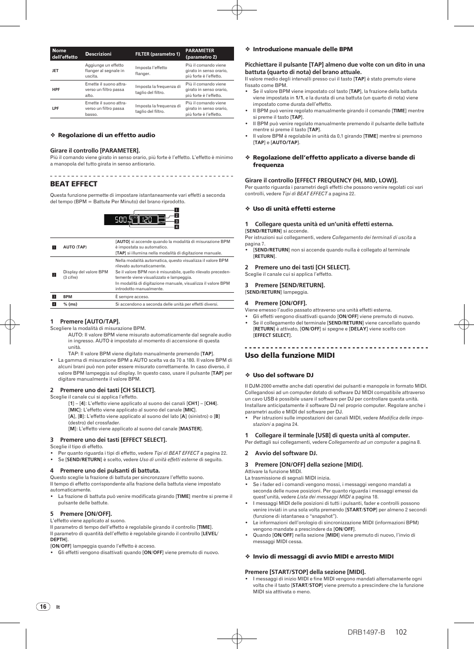 Drb1497-b, Beat effect, Uso della funzione midi | Pioneer DJM-2000 User Manual | Page 102 / 204