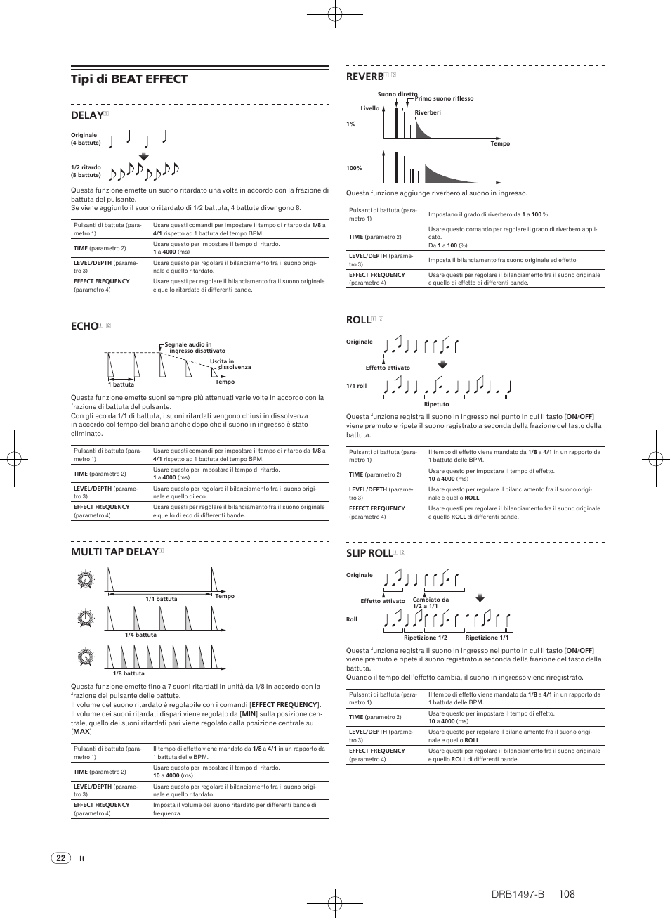 Tipi di beat effect, Drb1497-b, Delay | Echo, Multi tap delay, Reverb, Roll, Slip roll | Pioneer DJM-2000 User Manual | Page 108 / 204