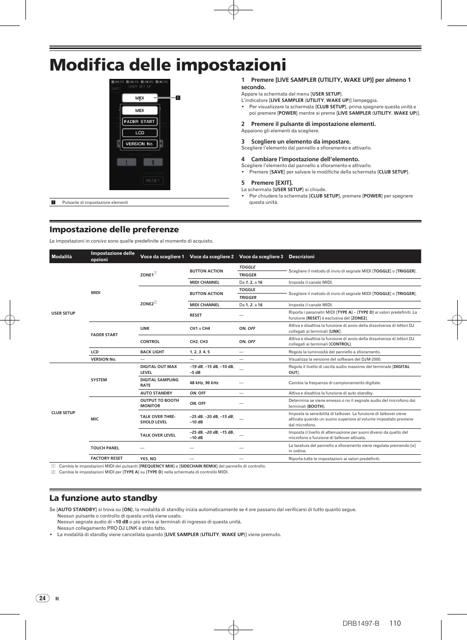 Modifica delle impostazioni, Impostazione delle preferenze, La funzione auto standby | Drb1497-b | Pioneer DJM-2000 User Manual | Page 110 / 204