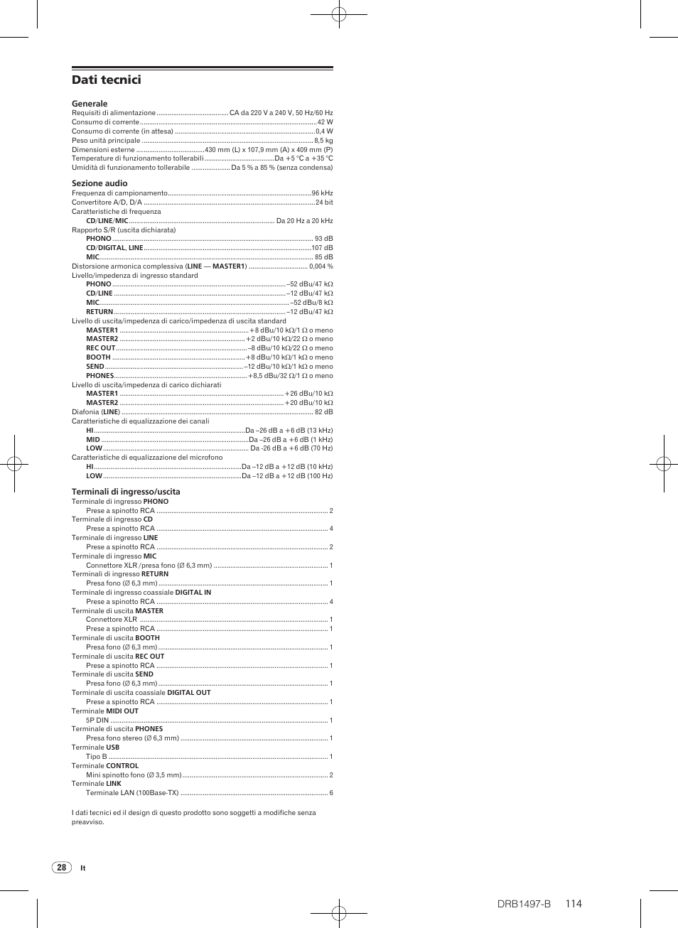 Dati tecnici, Drb1497-b | Pioneer DJM-2000 User Manual | Page 114 / 204