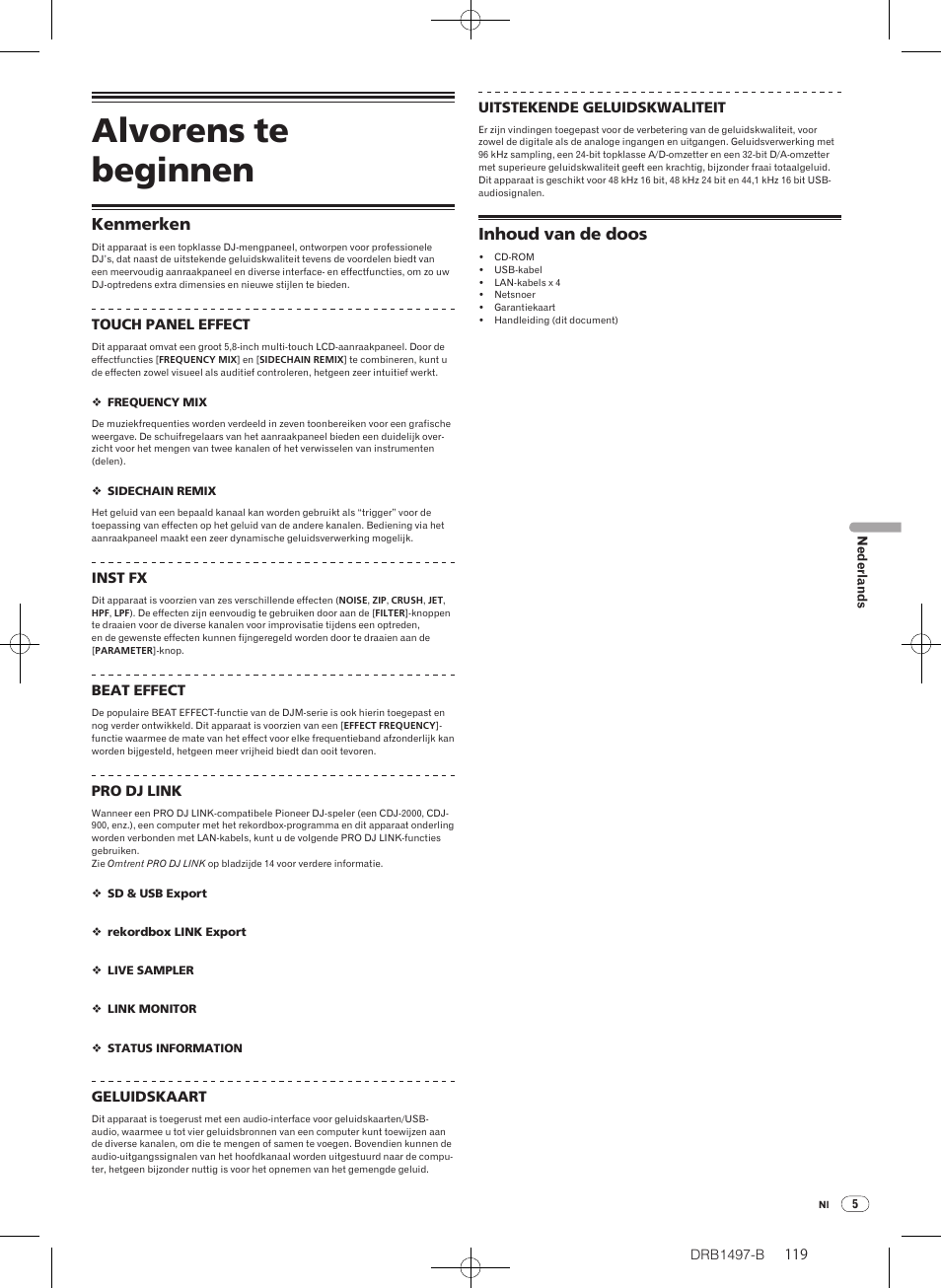 Alvorens te beginnen, Kenmerken inhoud van de doos, Kenmerken | Inhoud van de doos | Pioneer DJM-2000 User Manual | Page 119 / 204