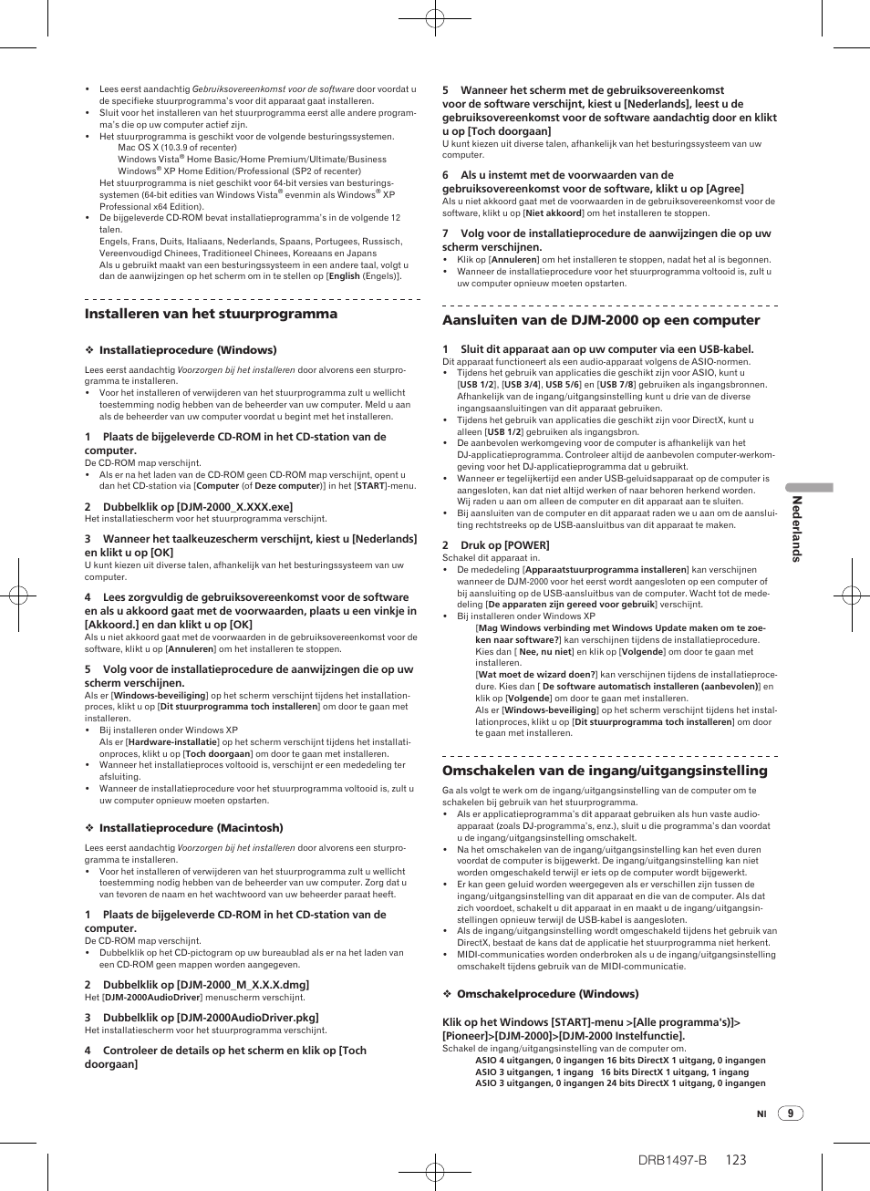 Drb1497-b, Installeren van het stuurprogramma, Aansluiten van de djm-2000 op een computer | Omschakelen van de ingang/ uitgangsinstelling | Pioneer DJM-2000 User Manual | Page 123 / 204