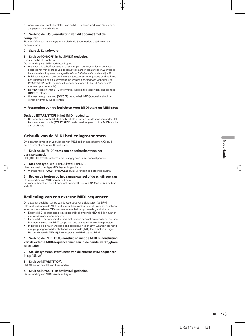 Drb1497-b, Gebruik van de midi-bedieningsschermen, Bediening van een externe midi-sequencer | Pioneer DJM-2000 User Manual | Page 131 / 204