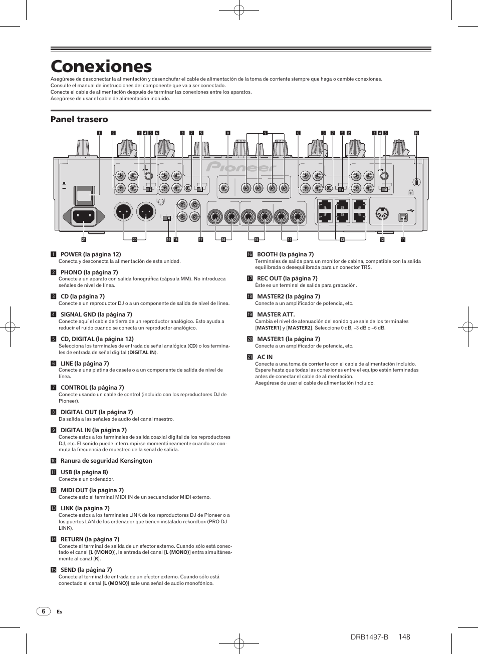 Conexiones, Panel trasero, Drb1497-b | Pioneer DJM-2000 User Manual | Page 148 / 204