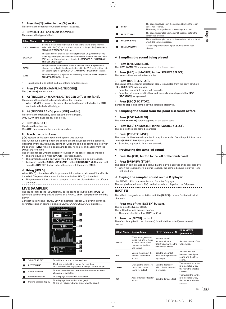 Drb1497-b, Live sampler, Inst fx | English | Pioneer DJM-2000 User Manual | Page 15 / 204