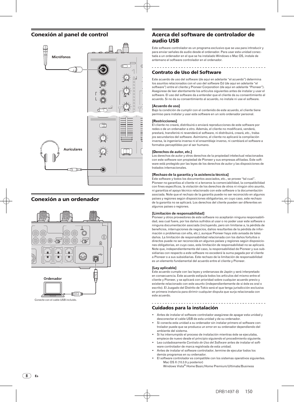 Conexión al panel de control, Conexión a un ordenador, Acerca del software de controlador de audio usb | Drb1497-b, Contrato de uso del software, Cuidados para la instalación, Micrófonos auriculares, Ordenador, Acuerdo de uso, Restricciones | Pioneer DJM-2000 User Manual | Page 150 / 204