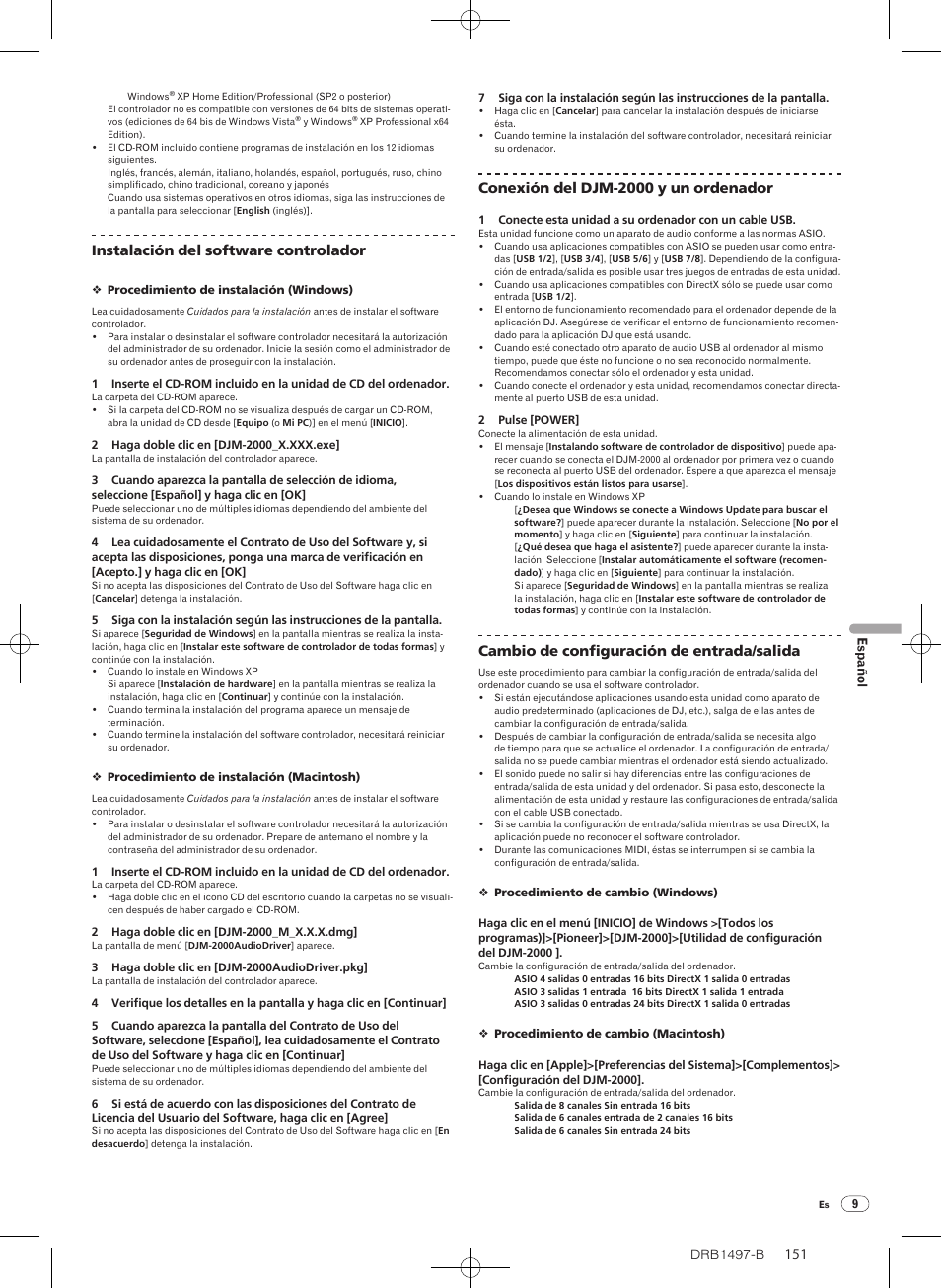 Drb1497-b, Instalación del software controlador, Conexión del djm-2000 y un ordenador | Cambio de configuración de entrada/ salida | Pioneer DJM-2000 User Manual | Page 151 / 204