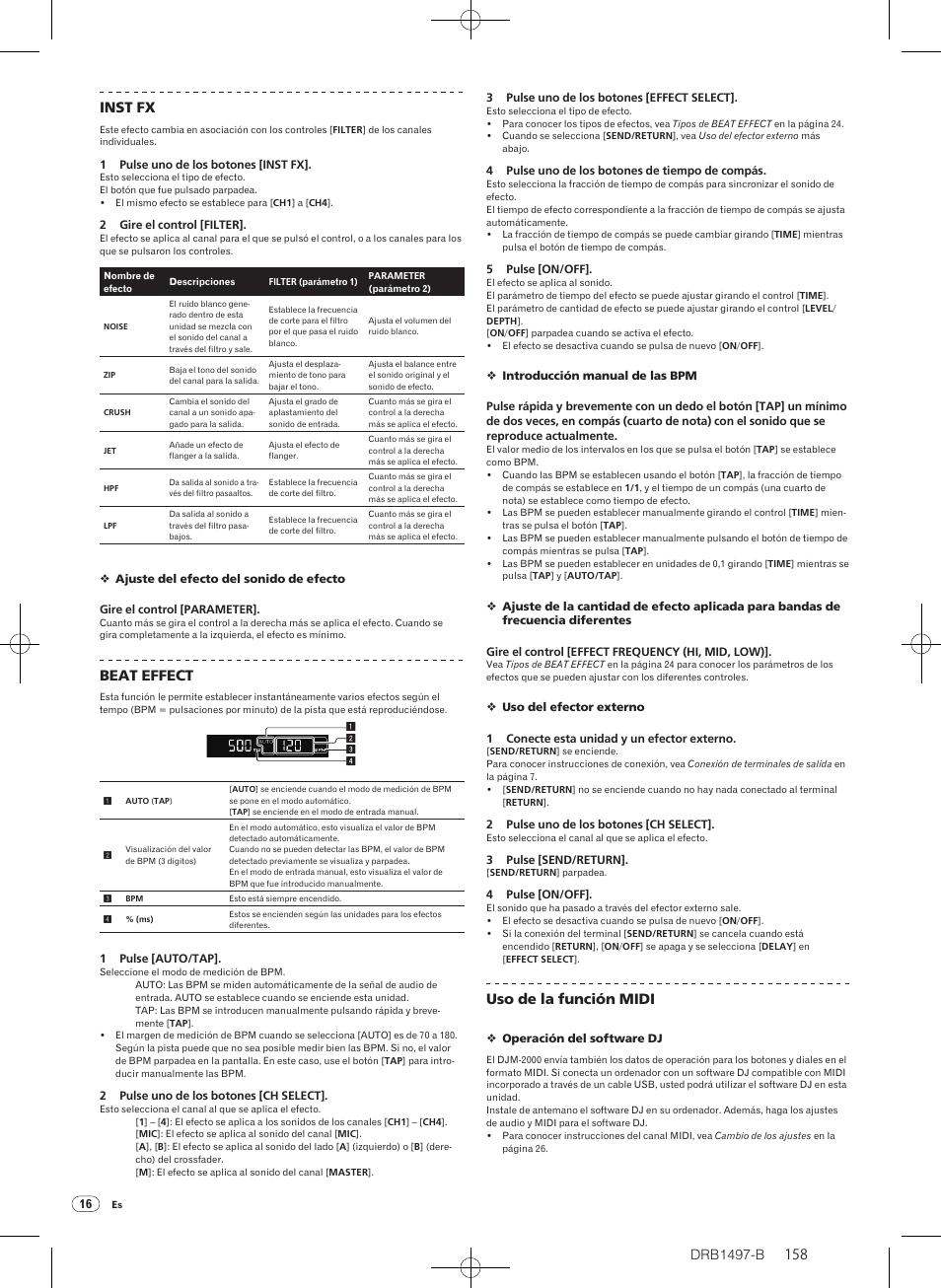 Drb1497-b, 158 inst fx, Beat effect | Uso de la función midi | Pioneer DJM-2000 User Manual | Page 158 / 204