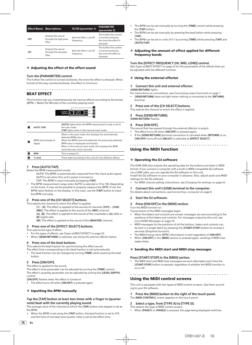 Drb1497-b, Beat effect, Using the midi function | Using the midi control screens | Pioneer DJM-2000 User Manual | Page 16 / 204