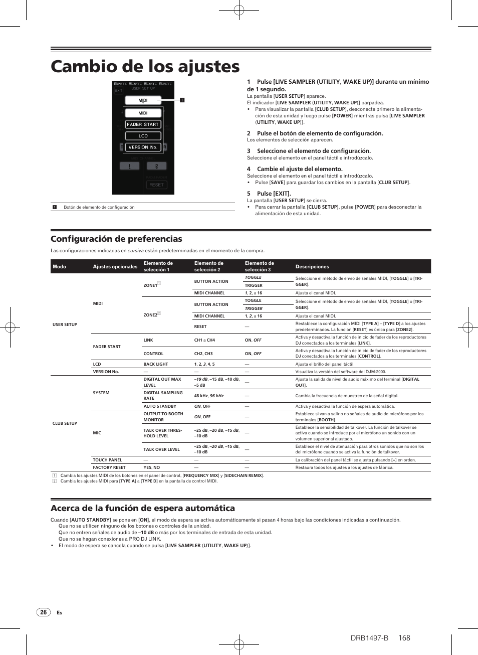 Cambio de los ajustes, Configuración de preferencias, Acerca de la función de espera automática | Drb1497-b | Pioneer DJM-2000 User Manual | Page 168 / 204