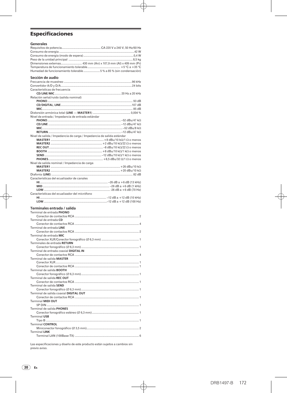 Especificaciones, Drb1497-b | Pioneer DJM-2000 User Manual | Page 172 / 204