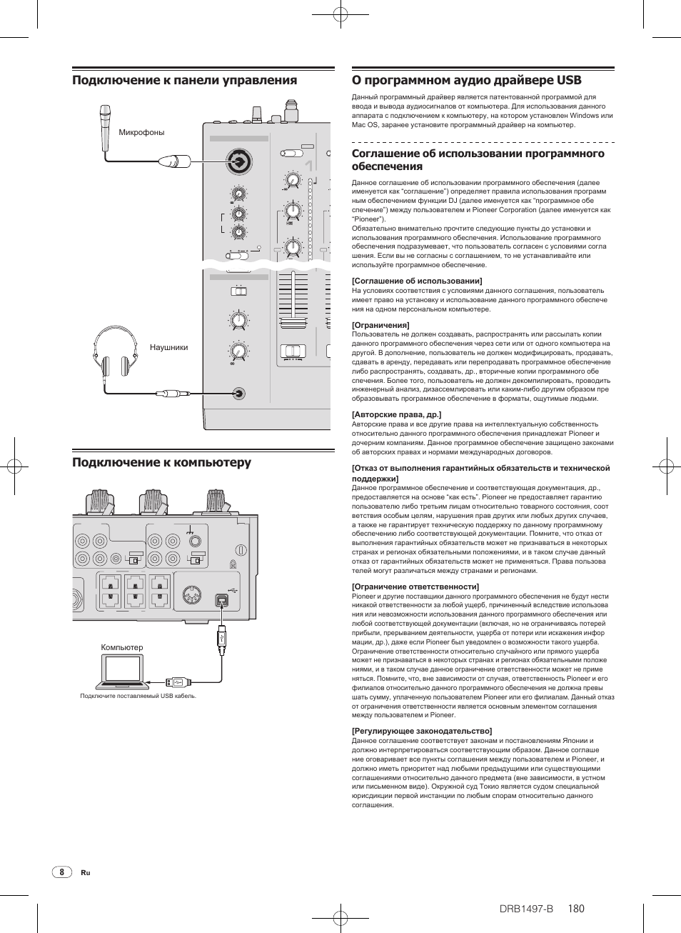 Подключение к панели управления, Подключение к компьютеру, О программном аудио драйвере usb | Drb1497-b, Микрофоны наушники, Компьютер, Соглашение об использовании, Ограничения, Авторские права, др, Ограничение ответственности | Pioneer DJM-2000 User Manual | Page 180 / 204