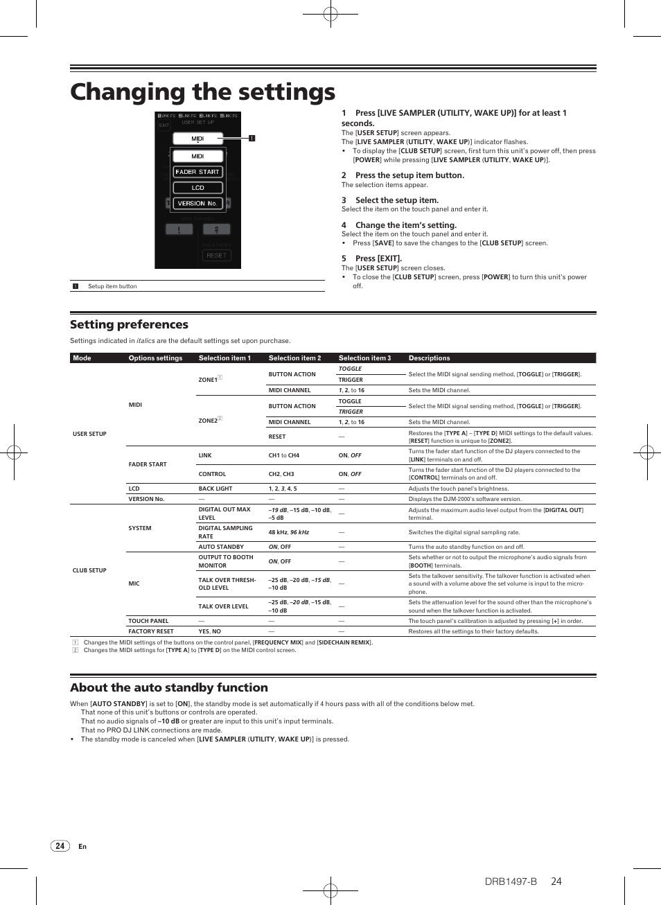 Changing the settings, Setting preferences, About the auto standby function | Drb1497-b | Pioneer DJM-2000 User Manual | Page 24 / 204