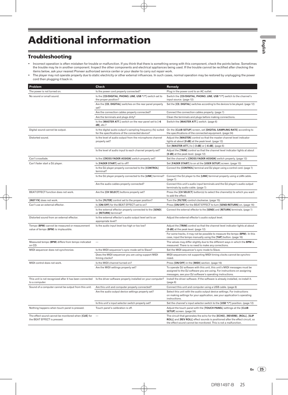 Additional information, Troubleshooting, Drb1497-b | English | Pioneer DJM-2000 User Manual | Page 25 / 204