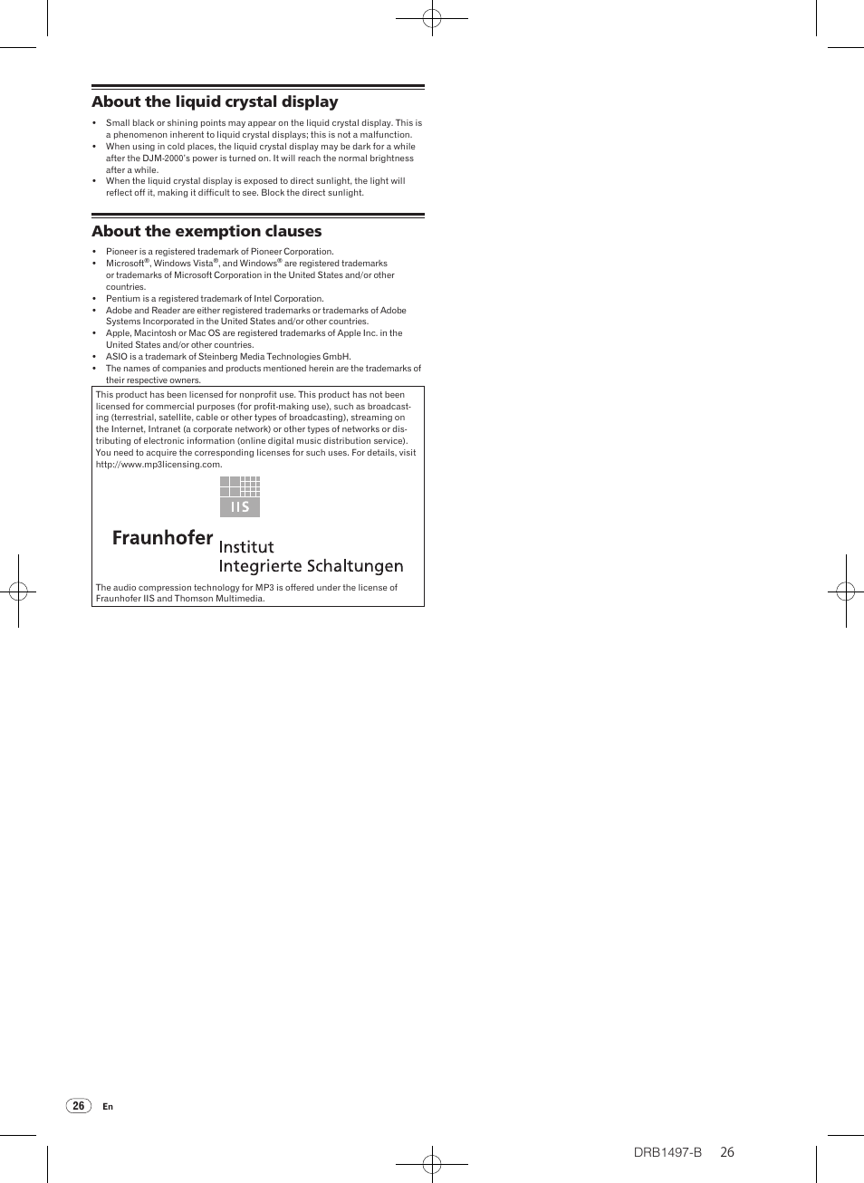 About the liquid crystal display, About the exemption clauses, Drb1497-b | Pioneer DJM-2000 User Manual | Page 26 / 204