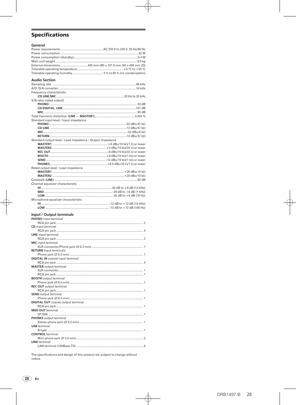 Specifications, Drb1497-b | Pioneer DJM-2000 User Manual | Page 28 / 204
