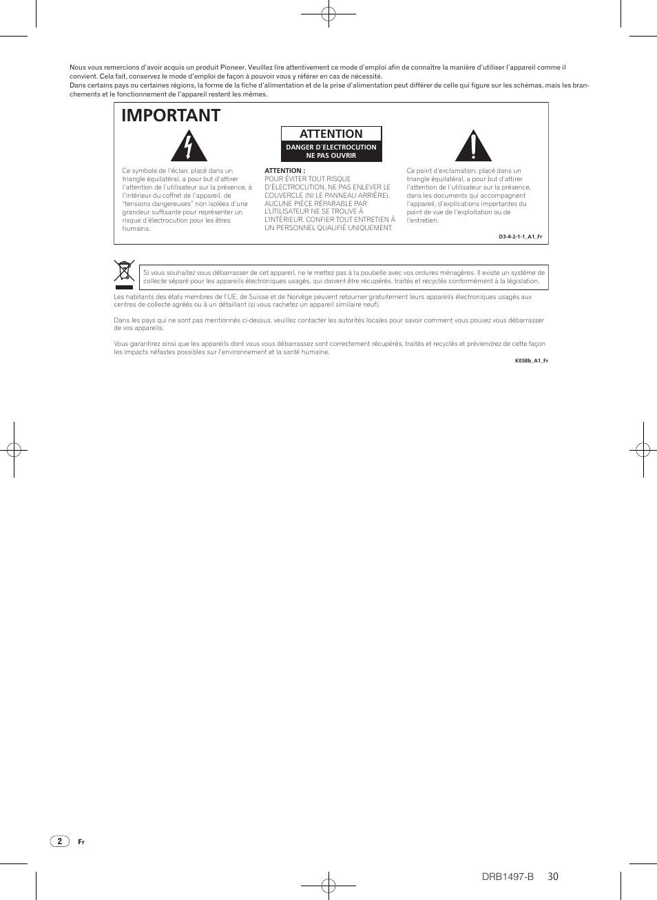 Important, Attention, Drb1497-b | Pioneer DJM-2000 User Manual | Page 30 / 204