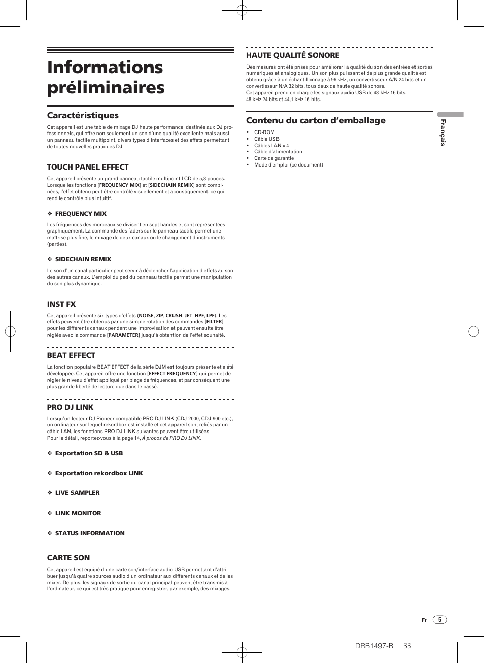 Informations préliminaires, Caractéristiques contenu du carton d’emballage, Caractéristiques | Contenu du carton d’emballage | Pioneer DJM-2000 User Manual | Page 33 / 204