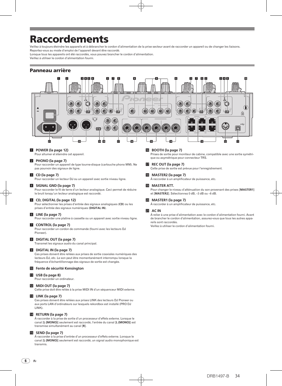 Raccordements, Panneau arrière, Drb1497-b | Pioneer DJM-2000 User Manual | Page 34 / 204