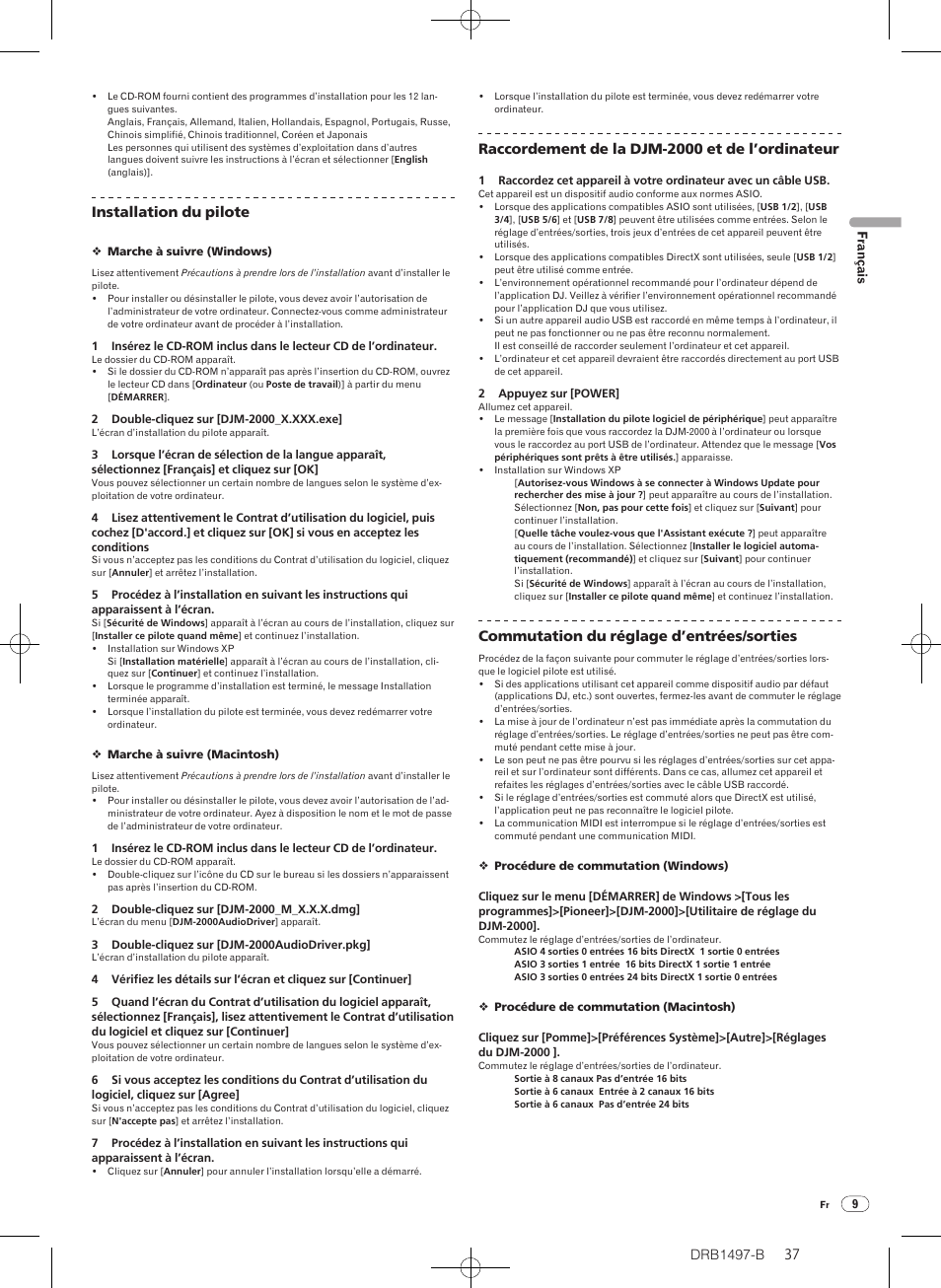 Drb1497-b, Installation du pilote, Raccordement de la djm-2000 et de l’ordinateur | Commutation du réglage d’entrées/ sorties | Pioneer DJM-2000 User Manual | Page 37 / 204