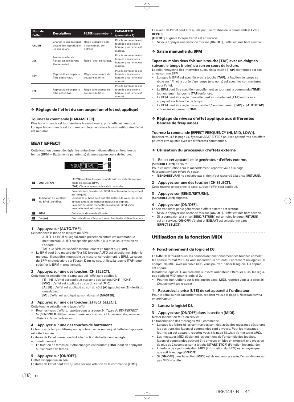 Drb1497-b, Beat effect, Utilisation de la fonction midi | Pioneer DJM-2000 User Manual | Page 44 / 204