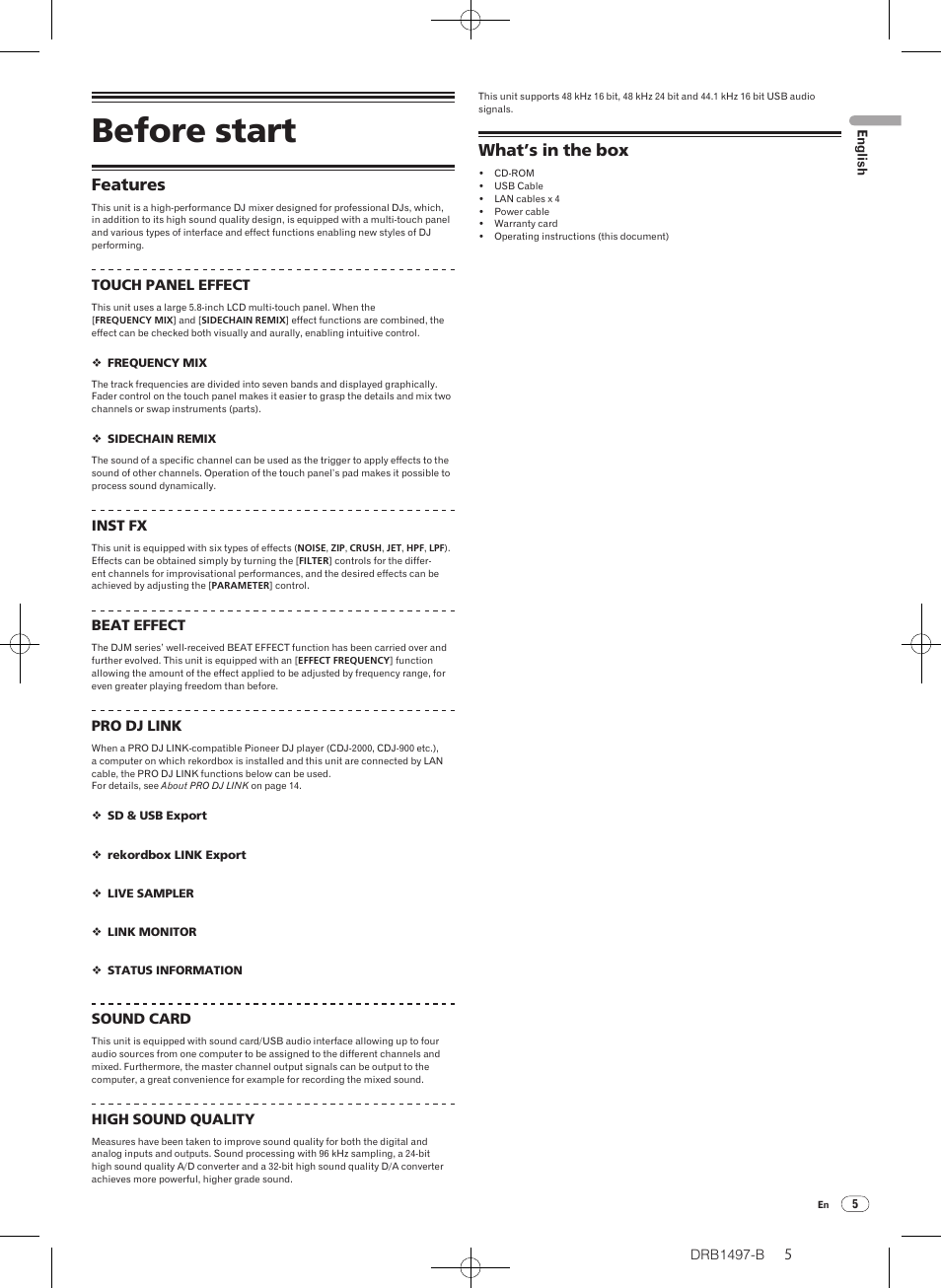 Before start, Features what’s in the box, Features | What’s in the box | Pioneer DJM-2000 User Manual | Page 5 / 204