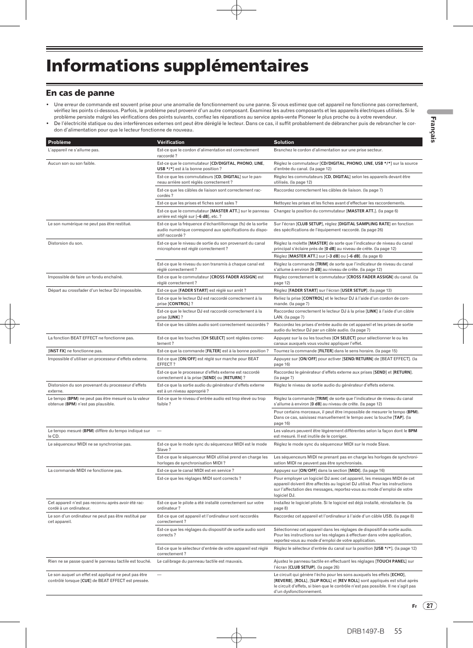 Informations supplémentaires, En cas de panne, Drb1497-b | Français | Pioneer DJM-2000 User Manual | Page 55 / 204