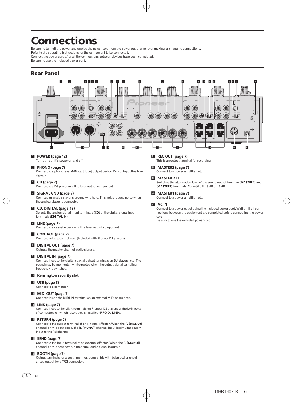 Connections, Rear panel, Drb1497-b | Pioneer DJM-2000 User Manual | Page 6 / 204