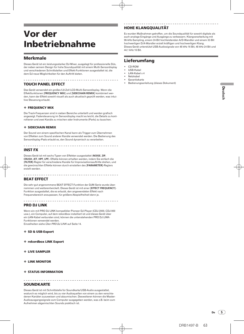 Vor der inbetriebnahme, Merkmale lieferumfang, Merkmale | Lieferumfang | Pioneer DJM-2000 User Manual | Page 63 / 204