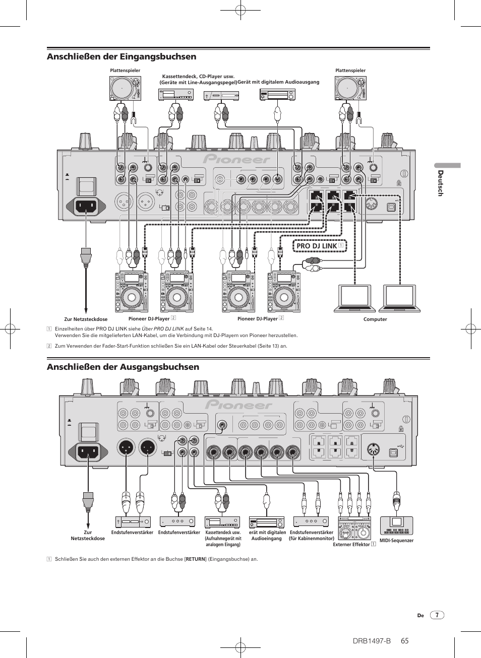 Anschließen der eingangsbuchsen, Anschließen der ausgangsbuchsen, Drb1497-b | Pro dj link, Deutsch | Pioneer DJM-2000 User Manual | Page 65 / 204