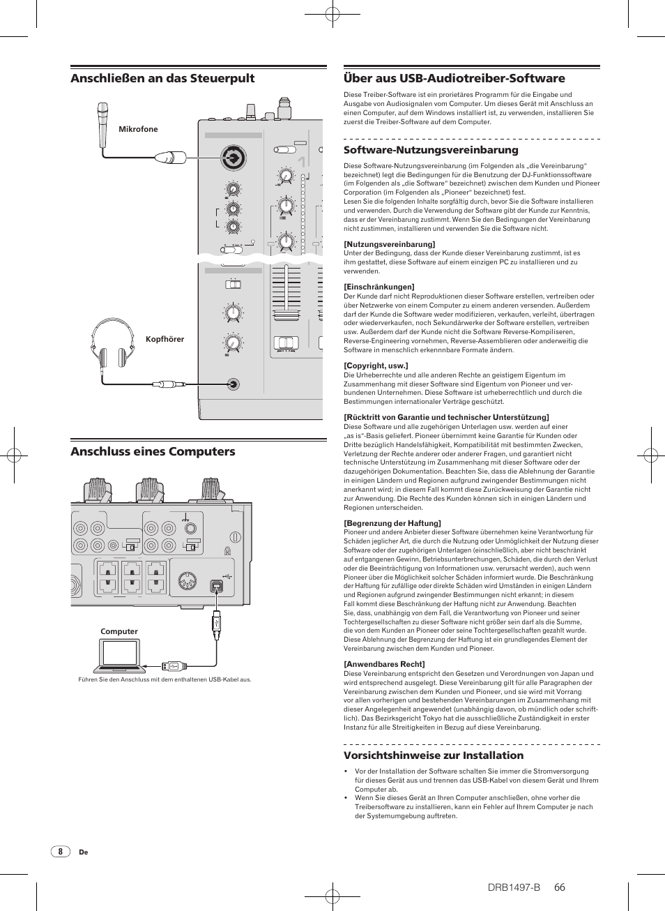 Anschließen an das steuerpult, Anschluss eines computers, Über aus usb-audiotreiber-software | Drb1497-b, Software-nutzungsvereinbarung, Vorsichtshinweise zur installation, Mikrofone kopfhörer, Computer, Nutzungsvereinbarung, Einschränkungen | Pioneer DJM-2000 User Manual | Page 66 / 204