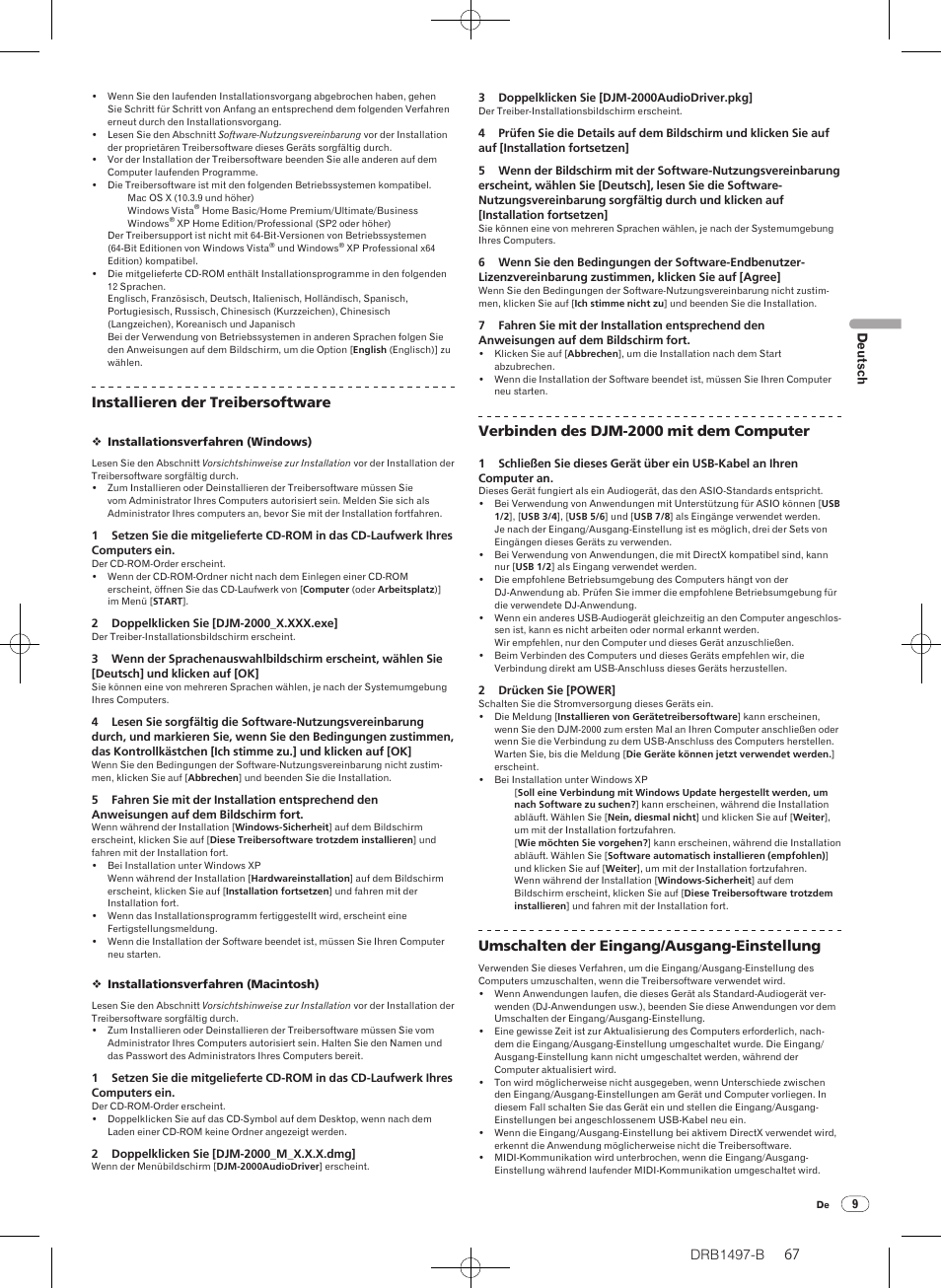 Drb1497-b, Installieren der treibersoftware, Verbinden des djm-2000 mit dem computer | Umschalten der eingang/ ausgang-einstellung | Pioneer DJM-2000 User Manual | Page 67 / 204