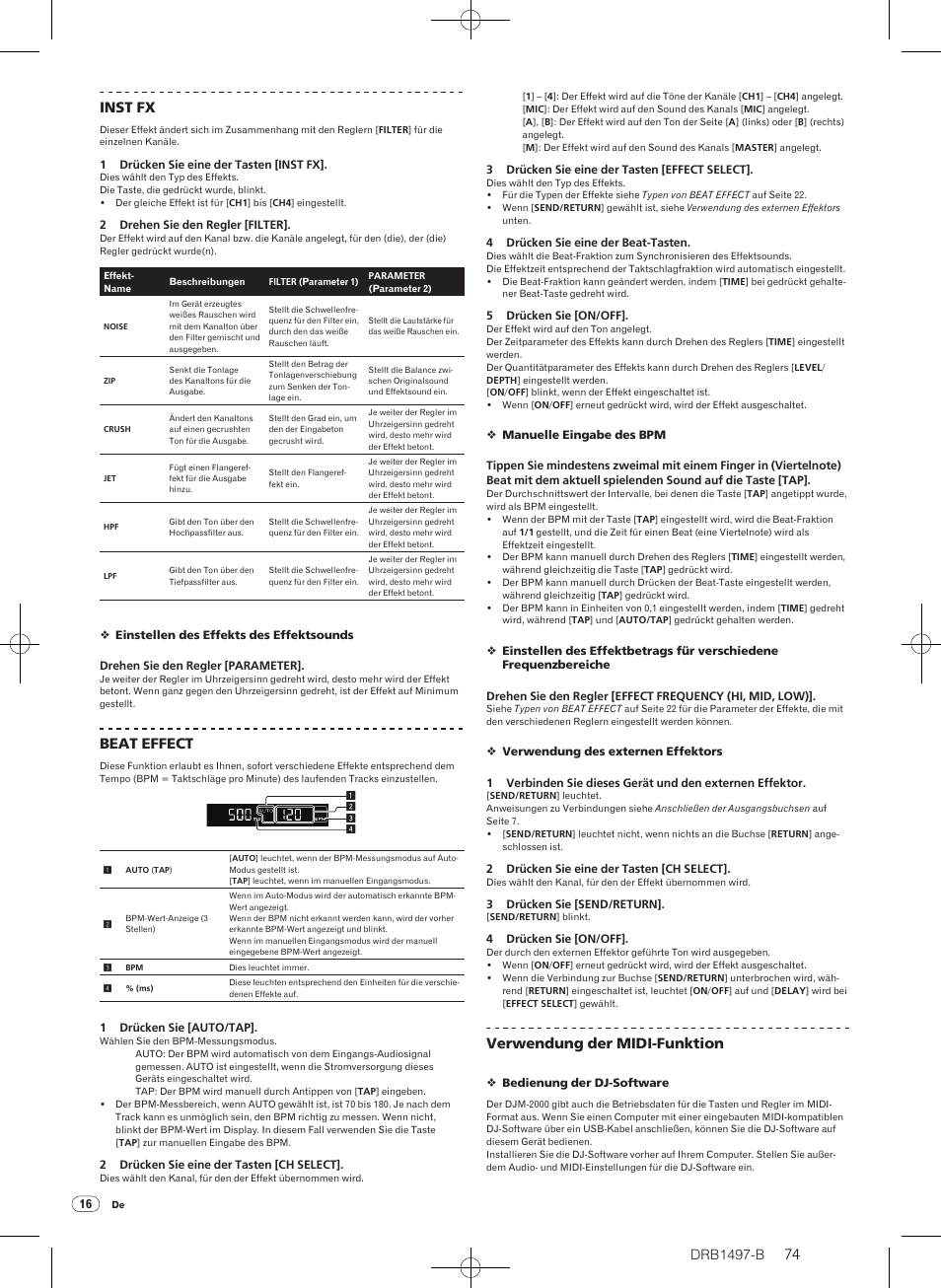 Drb1497-b, 74 inst fx, Beat effect | Verwendung der midi-funktion | Pioneer DJM-2000 User Manual | Page 74 / 204