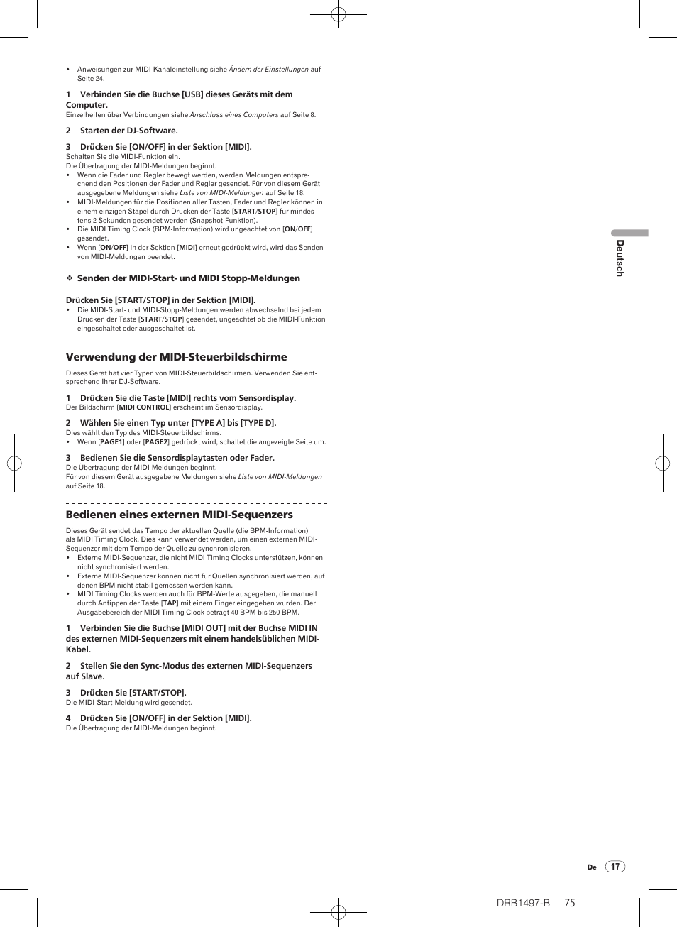 Drb1497-b, Verwendung der midi-steuerbildschirme, Bedienen eines externen midi-sequenzers | Pioneer DJM-2000 User Manual | Page 75 / 204