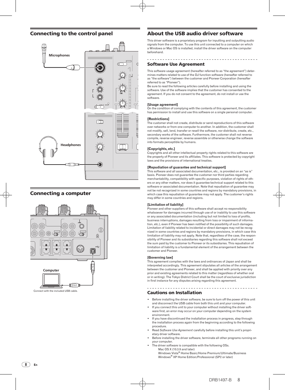 Connecting to the control panel, Connecting a computer, About the usb audio driver software | Drb1497-b, Software use agreement, Cautions on installation, Microphones headphones, Computer, Usage agreement, Restrictions | Pioneer DJM-2000 User Manual | Page 8 / 204