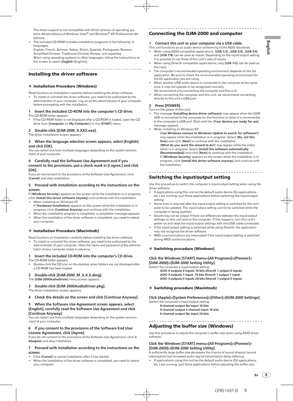 Drb1497-b, Installing the driver software, Connecting the djm-2000 and computer | Switching the input/ output setting, Adjusting the buffer size (windows) | Pioneer DJM-2000 User Manual | Page 9 / 204