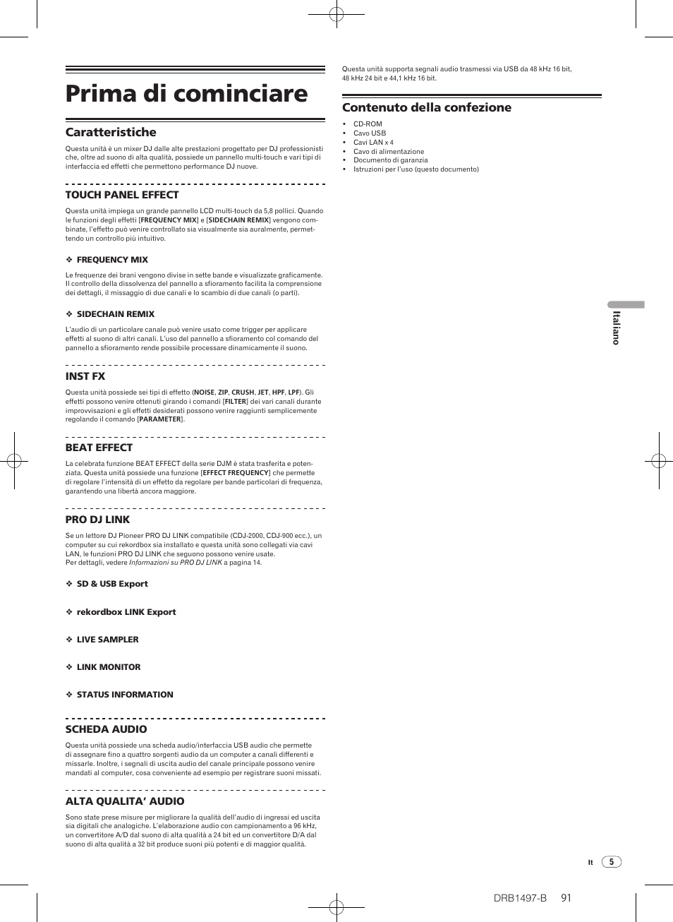 Prima di cominciare, Caratteristiche contenuto della confezione, Caratteristiche | Contenuto della confezione | Pioneer DJM-2000 User Manual | Page 91 / 204