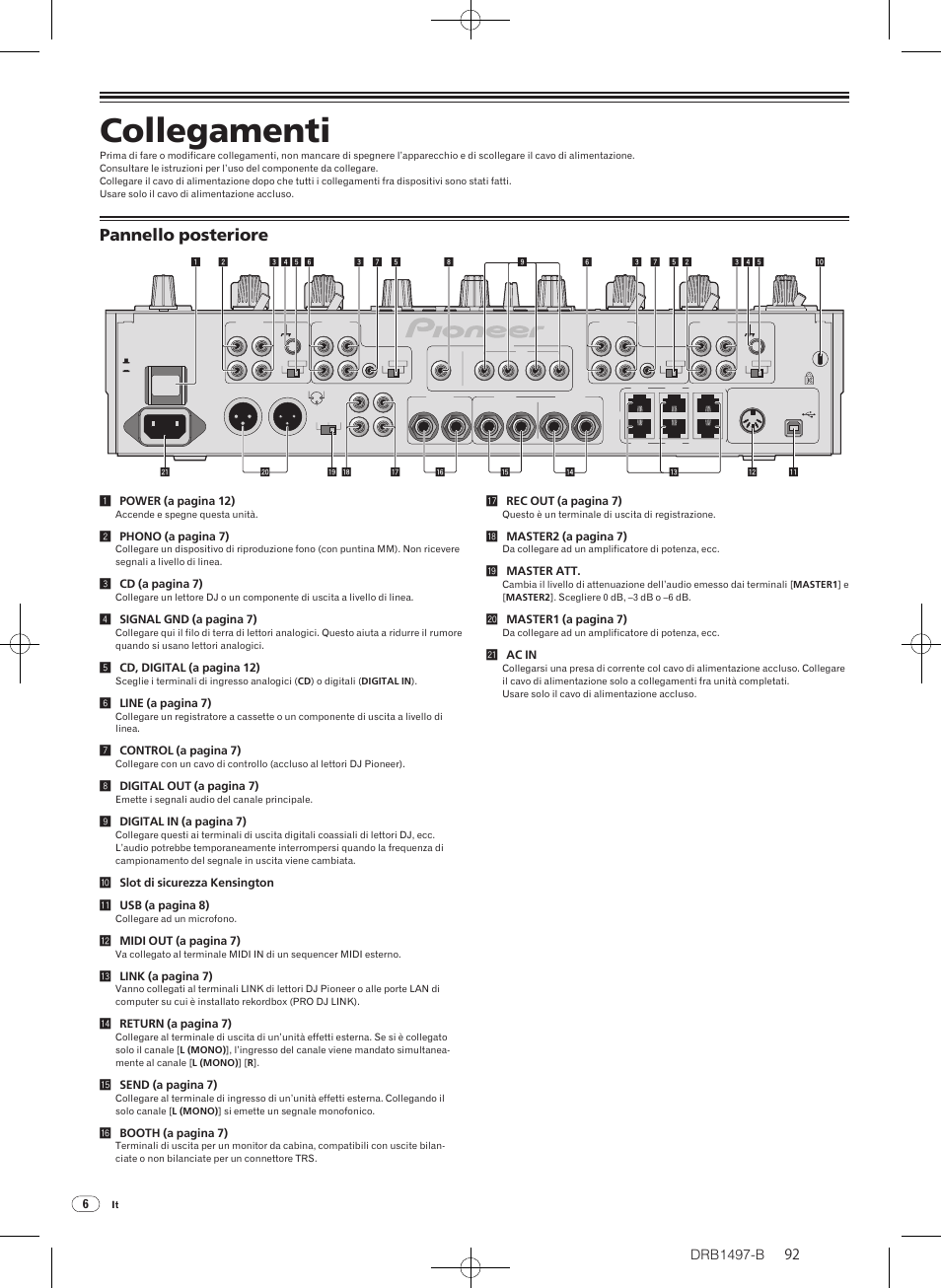 Collegamenti, Pannello posteriore, Drb1497-b | Pioneer DJM-2000 User Manual | Page 92 / 204