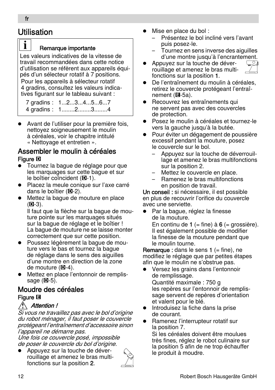 Utilisation, Assembler le moulin à céréales, Moudre des céréales | Bosch MUZXLVE1 VitalEmotion pour les maîtres du pain le kit VitalEmotion est composé dun moulin à céréales dun mini-hachoir Multi-mixer et de 3 disques User Manual | Page 12 / 74