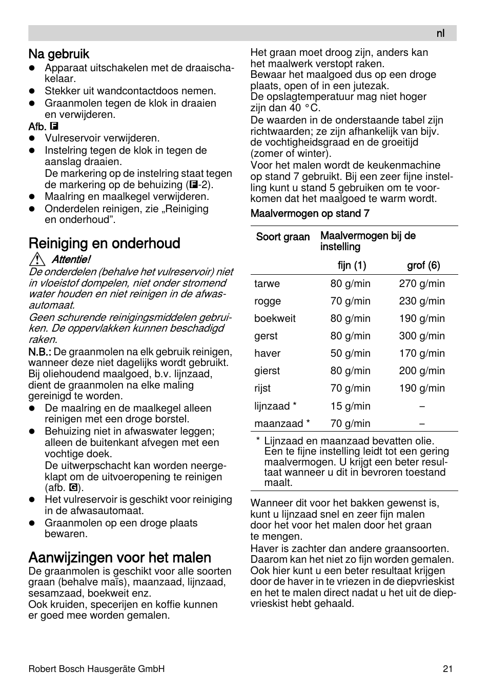 Reiniging en onderhoud, Aanwijzingen voor het malen, Na gebruik | Bosch MUZXLVE1 VitalEmotion pour les maîtres du pain le kit VitalEmotion est composé dun moulin à céréales dun mini-hachoir Multi-mixer et de 3 disques User Manual | Page 21 / 74