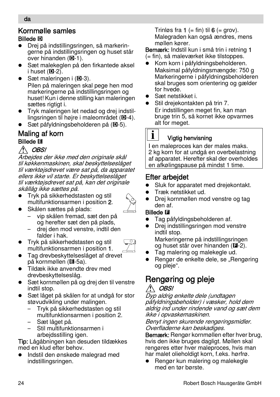 Rengøring og pleje, Kornmølle samles, Maling af korn | Efter arbejdet | Bosch MUZXLVE1 VitalEmotion pour les maîtres du pain le kit VitalEmotion est composé dun moulin à céréales dun mini-hachoir Multi-mixer et de 3 disques User Manual | Page 24 / 74