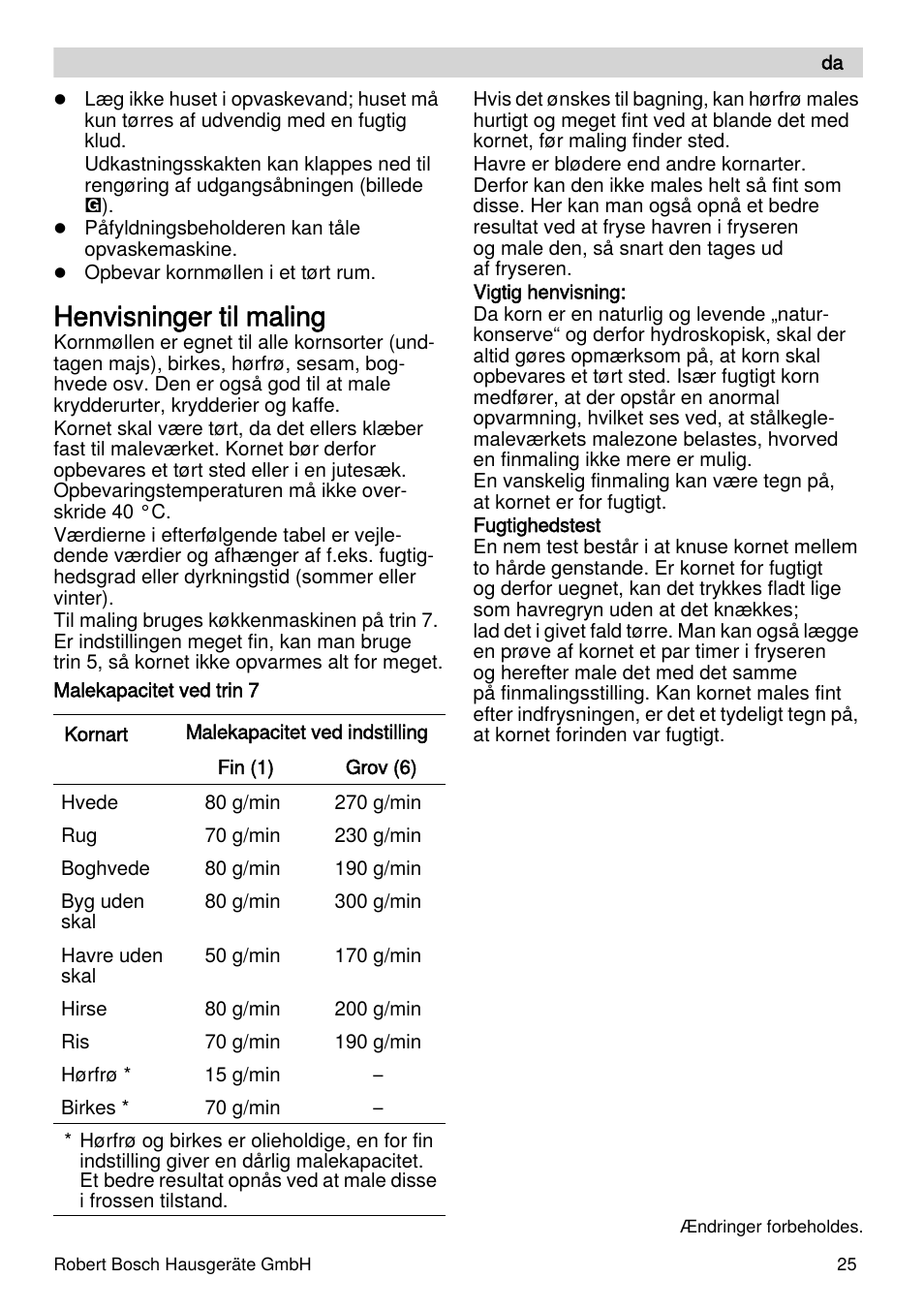 Henvisninger til maling | Bosch MUZXLVE1 VitalEmotion pour les maîtres du pain le kit VitalEmotion est composé dun moulin à céréales dun mini-hachoir Multi-mixer et de 3 disques User Manual | Page 25 / 74