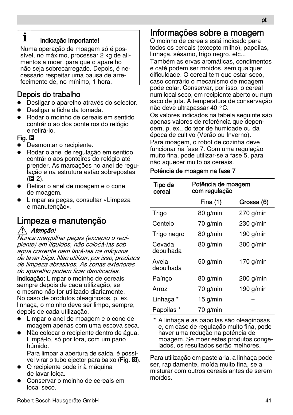 Limpeza e manutenção, Informações sobre a moagem, Depois do trabalho | Bosch MUZXLVE1 VitalEmotion pour les maîtres du pain le kit VitalEmotion est composé dun moulin à céréales dun mini-hachoir Multi-mixer et de 3 disques User Manual | Page 41 / 74