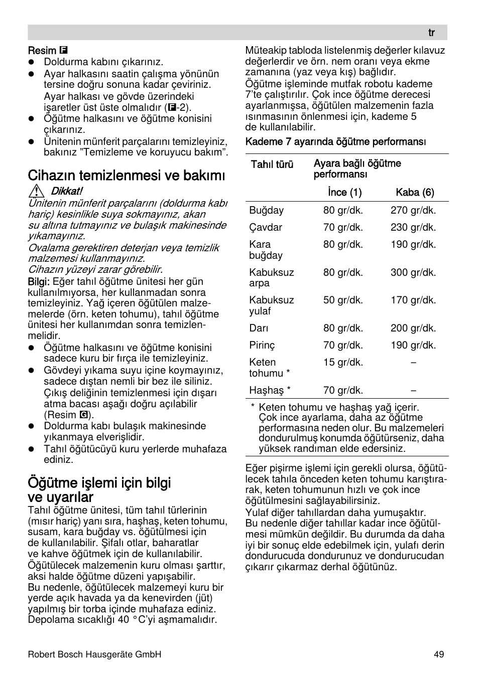 Cihazın temizlenmesi ve bakımı, Öğütme işlemi için bilgi ve uyarılar | Bosch MUZXLVE1 VitalEmotion pour les maîtres du pain le kit VitalEmotion est composé dun moulin à céréales dun mini-hachoir Multi-mixer et de 3 disques User Manual | Page 49 / 74