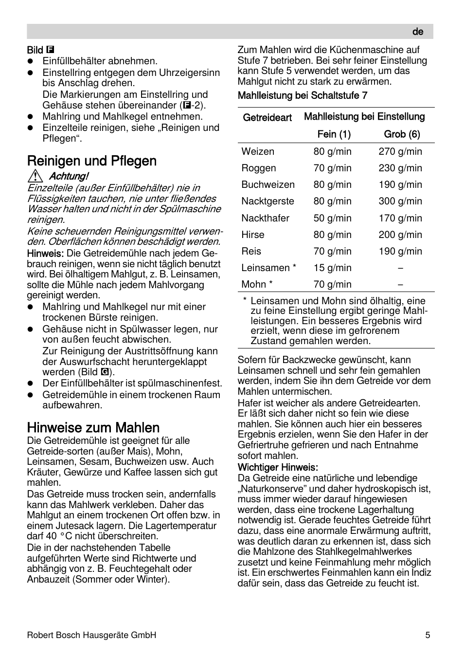 Reinigen und pflegen, Hinweise zum mahlen | Bosch MUZXLVE1 VitalEmotion pour les maîtres du pain le kit VitalEmotion est composé dun moulin à céréales dun mini-hachoir Multi-mixer et de 3 disques User Manual | Page 5 / 74