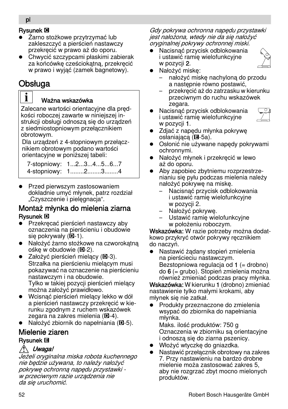 Obsługa, Montaż młynka do mielenia ziarna, Mielenie ziaren | Bosch MUZXLVE1 VitalEmotion pour les maîtres du pain le kit VitalEmotion est composé dun moulin à céréales dun mini-hachoir Multi-mixer et de 3 disques User Manual | Page 52 / 74