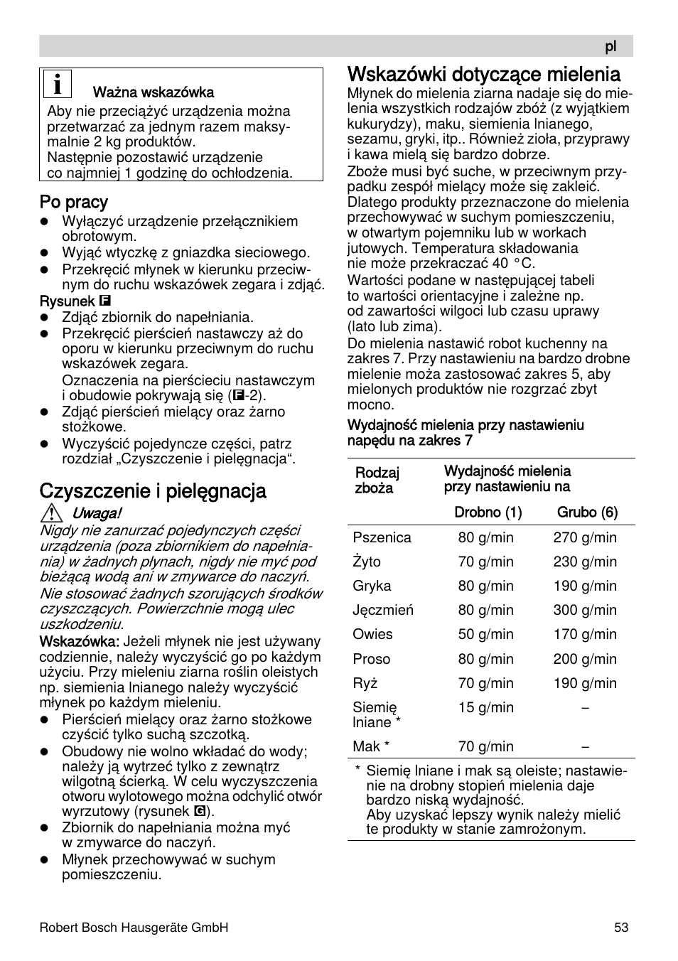 Czyszczenie i pielęgnacja, Wskazówki dotyczące mielenia, Po pracy | Bosch MUZXLVE1 VitalEmotion pour les maîtres du pain le kit VitalEmotion est composé dun moulin à céréales dun mini-hachoir Multi-mixer et de 3 disques User Manual | Page 53 / 74