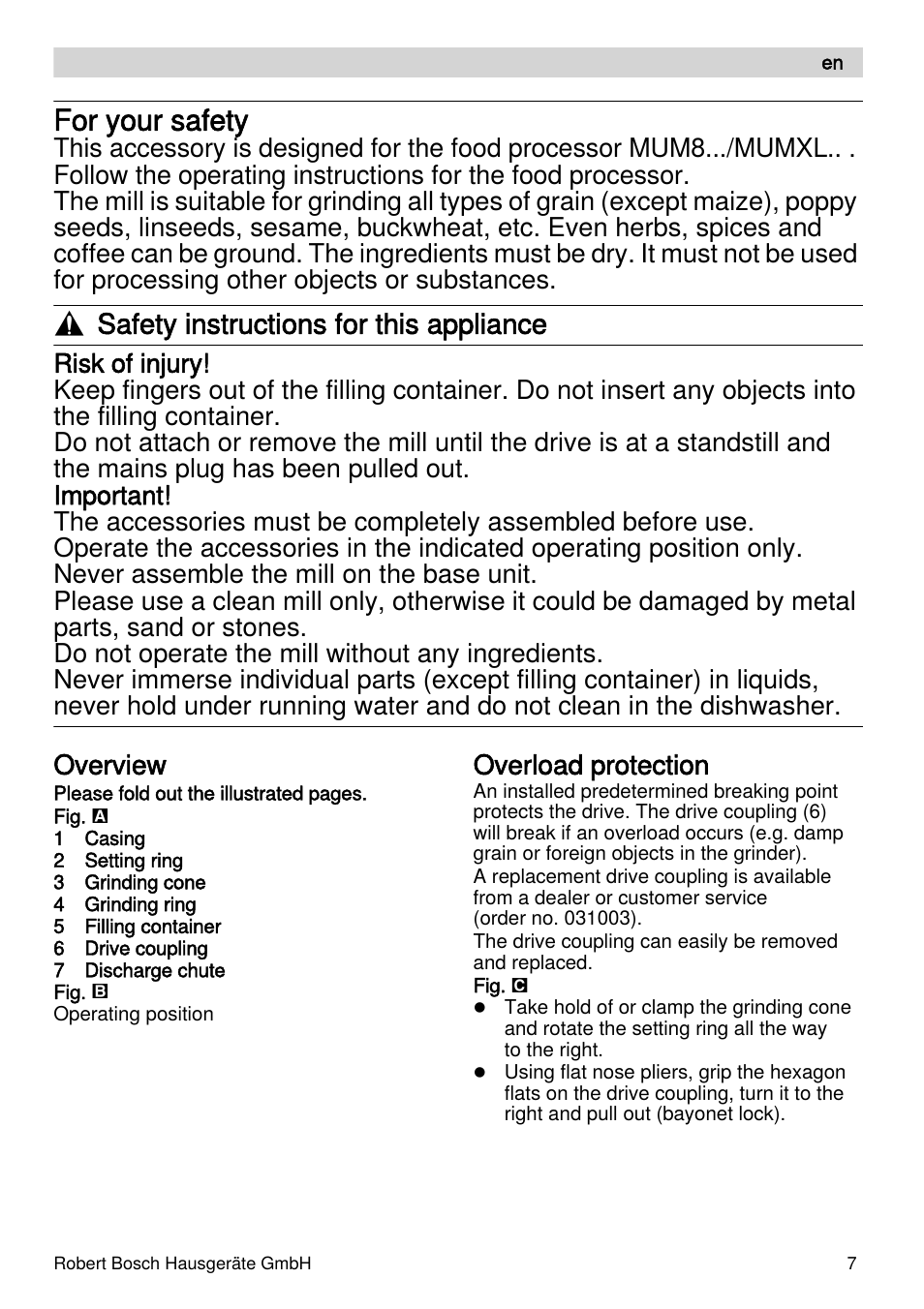 For your safety, Safety instructions for this appliance, Overview | Overload protection | Bosch MUZXLVE1 VitalEmotion pour les maîtres du pain le kit VitalEmotion est composé dun moulin à céréales dun mini-hachoir Multi-mixer et de 3 disques User Manual | Page 7 / 74