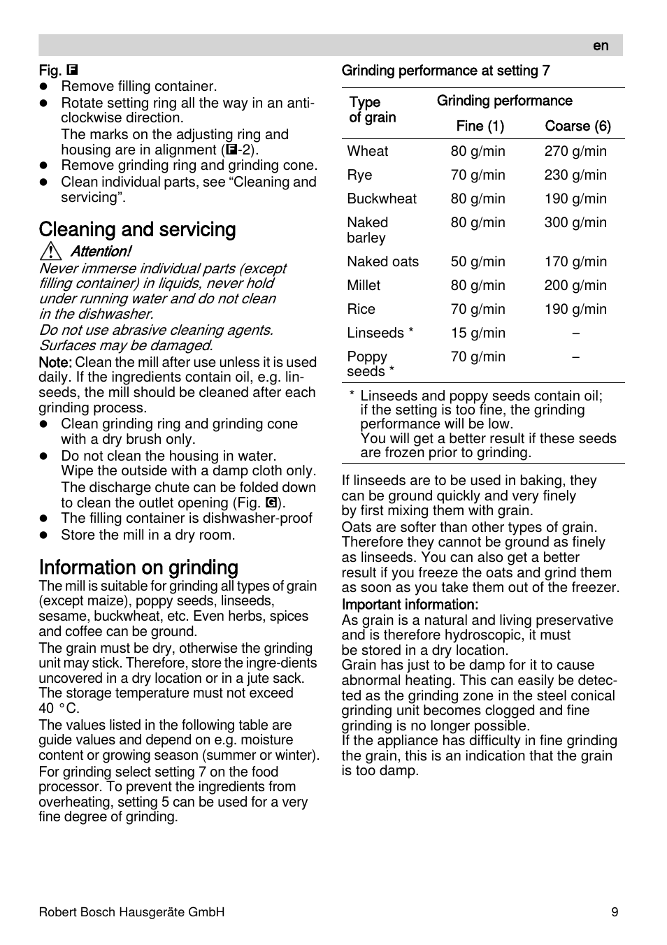 Cleaning and servicing, Information on grinding | Bosch MUZXLVE1 VitalEmotion pour les maîtres du pain le kit VitalEmotion est composé dun moulin à céréales dun mini-hachoir Multi-mixer et de 3 disques User Manual | Page 9 / 74