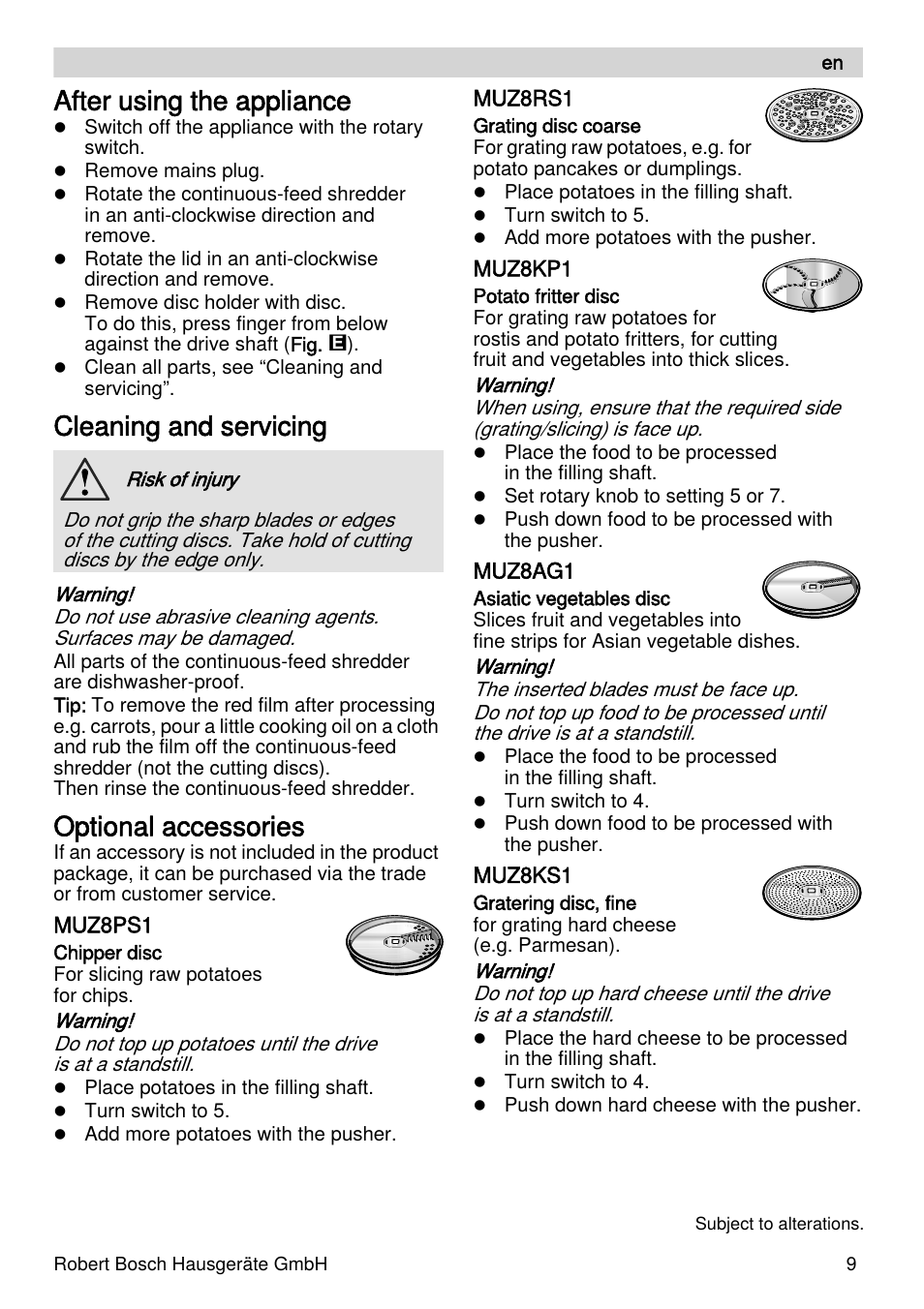 After using the appliance, Cleaning and servicing, Optional accessories | Bosch MUZXLVL1 VeggieLove pour les amateurs de fruits de légumes et de crudités le kit VeggieLove est composé dun accessoire râpeur éminceur et de 5 disques. User Manual | Page 9 / 73